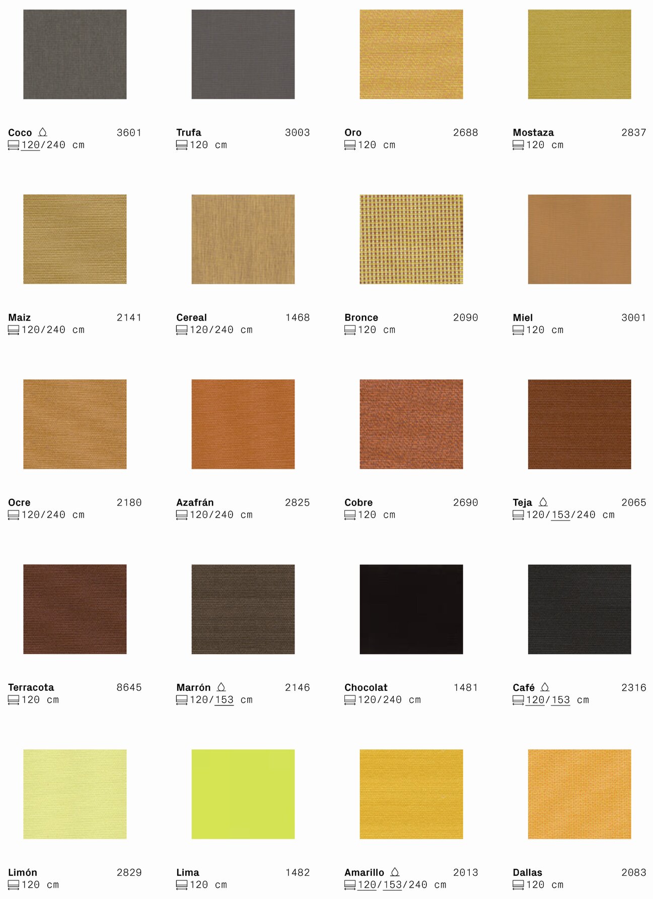 Coco 3601 Trufa 3003 Oro 2688 Mostaza 2837 Maiz 2141 Cereal 1468 Bronce 2090 Miel 3001 Ocre 2180 Azafrån 2825 Cobre 2690 Teja 2065 Terracota 8645 Marrón 2146 Chocolat 1481 Café 2316 Limón 2829 Lima 1482 Amarillo 2013 Dallas 2083 Coco 3601 Trufa 3003 Oro 2688 Mostaza 2837 Maiz 2141 Cereal 1468 Bronce 2090 Miel 3001 Ocre 2180 Azafrån 2825 Cobre 2690 Teja 2065 Terracota 8645 Marrón 2146 Chocolat 1481 Café 2316 Limón 2829 Lima 1482 Amarillo 2013 Dallas 2083