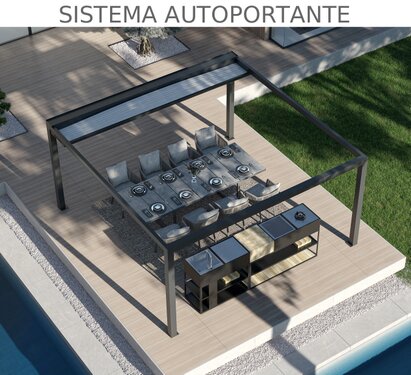 Pérgola motorizada autoportante para la lluvia con luz led sin guias Pérgola motorizada autoportante para la lluvia con luz led sin guias