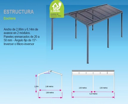 Pérgola paneles solares cochera a dos aguas Sevilla