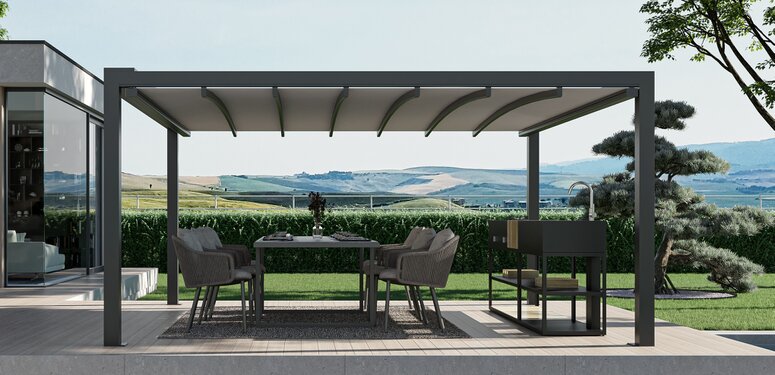Pérgola techo curvo para el agua de lluvia Pérgola techo curvo para el agua de lluvia